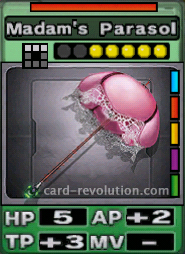 The Madam's Parasol CARD has 5 Hit Points, adds 2 Attacking Points and 3 Technique Points. It costs 5 attack points to set. Its range is a horizontal line of 3 squares. Its Resist Color is red. Its Right Colors are blue, red, yellow, purple and green.