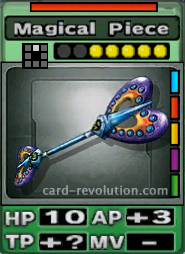 The Magical Piece CARD has 10 Hit Points, adds 3 Attacking Points and an unknown amount of Technique Points. It costs 5 attack points to set. Its range is one square in front. Its Resist Color is red. Its Right Colors are blue, red, yellow, purple and green.