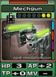 The Mechgun CARD has 3 Hit Points, adds 2 Attacking Points and 0 Technique Points. It costs 2 attack points to set. Its range is 2 squares in front. Its Resist Color is red. Its Right Colors are blue, red, purple and green.