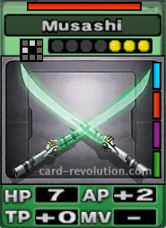 The Musashi CARD has 7 Hit Points, adds 2 Attacking Points and 0 Technique Points. It costs 3 attack points to set. Its range is one square in front and one square on the left. Its Resist Color is red. Its Right Colors are blue, red, purple and green.